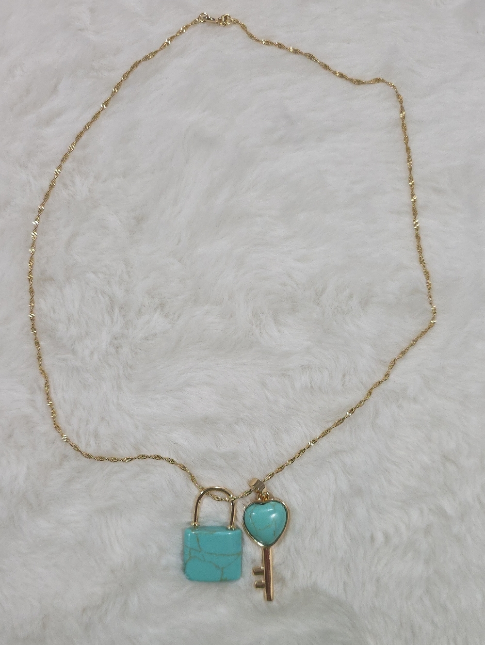 14k Gold Plated Chain Necklace with Turquoise Padlock & Heart Key Pendant
